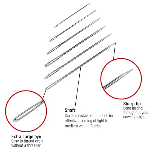 SINGER 50ct Assorted Large Eye Needles for Hand Sewing, Self-Threading Sewing Needles, 6 Sizes