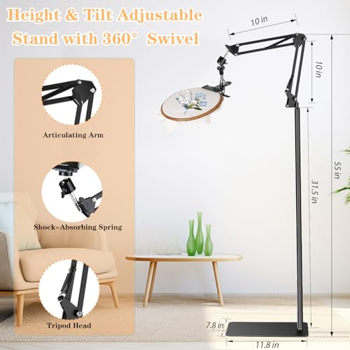 Adjustable Embroidery Hoops Stand for Hand Work,Cross Stitch Frame with 360° Rotation, Embroidery Stand Lap Suitable for Embroidery Kit,3-in-1 Hoop/Tablet/Phone Holder Floor Stand, Black - style: Black