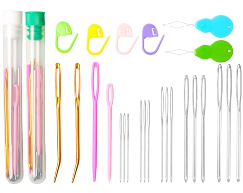 Hekisn 45Pcs Large Eye Blunt Yarn Needles kit, Assorted Sizes Bent Tapestry Darning Needle, Sewing Needles with Needle Threaders & Stitch Markers for Knitting Crochet (Green&White) - color: Green&White
