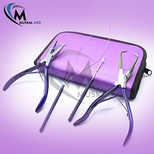 Professional Hair Extension & Beading Tool Kit Remove Plier Set for beads (4 Piece) I-Link Micro Ring Loop Needle Pulling Hook Threader Wire for Silicone Rings (Purple) - color: Purple