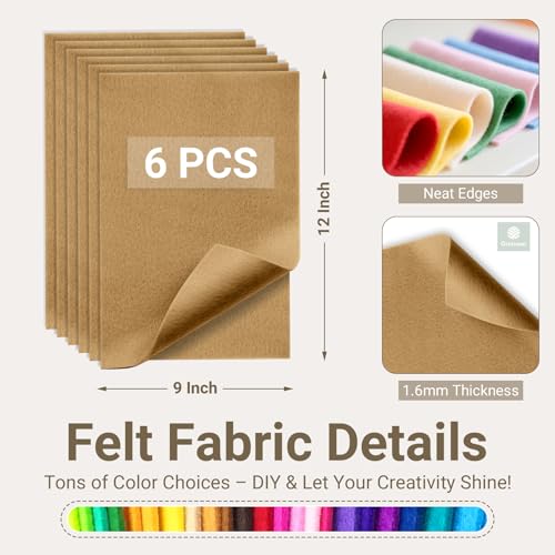 Tan Soft Felt Sheets for Crafts, 9" x 12", 1.6mm Thick, 6 Pcs - color: Tan