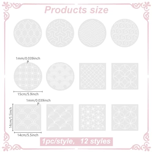 FREEBLOSS Sashiko Stencils - Geometric Embroidery Patterns for Drawing and Hand Quilting - 14x14cm - style: Geometric3