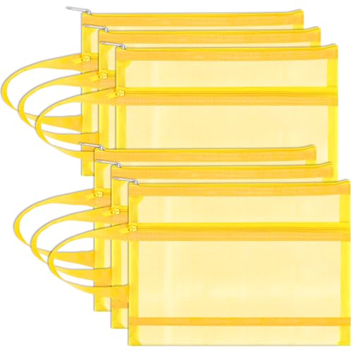 6 Pack Mesh Zipper Pouch Bags, Double Layer Nylon Pouch with Handle for Office Travel Organization (Yellow, A4) - color: Yellow, size: A4