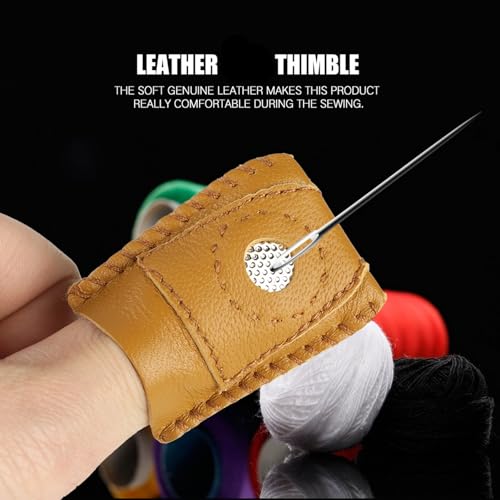 Genuine Leather Thimbles for Hand Sewing, 2 Pack Large Metal Tip Finger Protectors for Quilting, Embroidery, Needlework and Crafting Tools