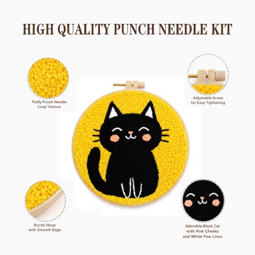 Punch Needle Kit for Beginners, DIY Black Cat Craft with Embroidery Hoop