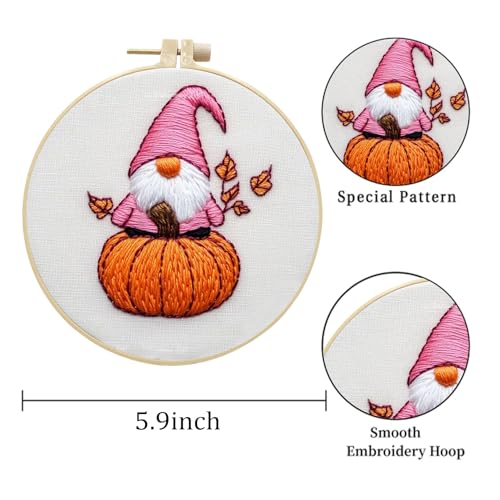 LB Pink Fall Embroidery Kit for Beginners Adults, 3 Sets Hand Embroidery Starter Kit with Gnome Pattern and Instructions Stamped Cross Stitch Kits Include Embroidery Hoop Needles Threads Scissors - color: Orange Pink