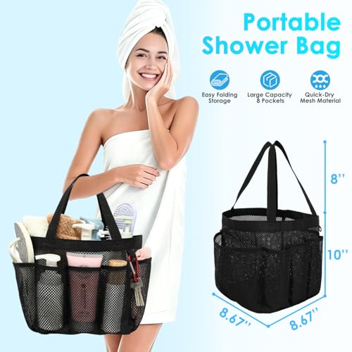Fammart Mesh Shower Caddy Portable for College Dorm Room Essentials, Odorless Polyester Large Shower Tote Bag with Dual Handles, 8-Pocket Quick-Dry Toiletry Organizer for Travel, Beach, Camping, Gym - color: Multiple Pockets, 1 Pack - Black