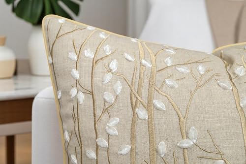 VAGMINE Embroidered Magnolia Branch 20x20 Throw Pillow Cover, Natural - color: Natural-forest, size: 20" x 20" (Pack of 1)