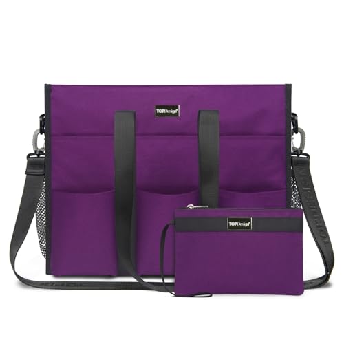 TOPDesign Utility Water Resistant Tote Bag with 22 Pockets, Zipper Closure - color: Purple, size: Medium