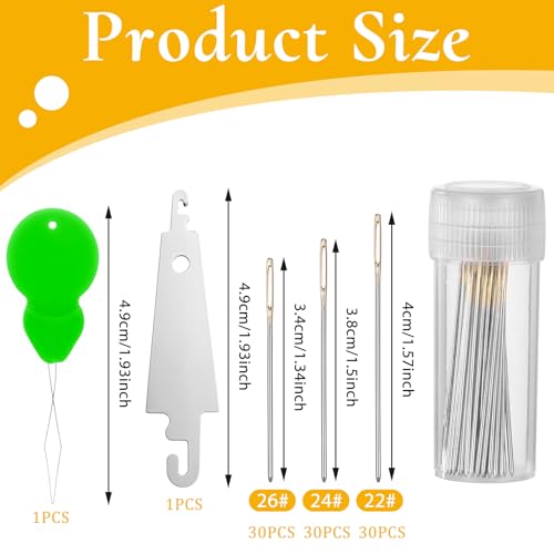90 Pieces Cross Stitch Needles 22 & 24 & 26 Gauge Golden Large Eye Embroidery Hand Sewing Needles Stainless Steel Embroidery Needles in Clear Box with 2 Needle Threader