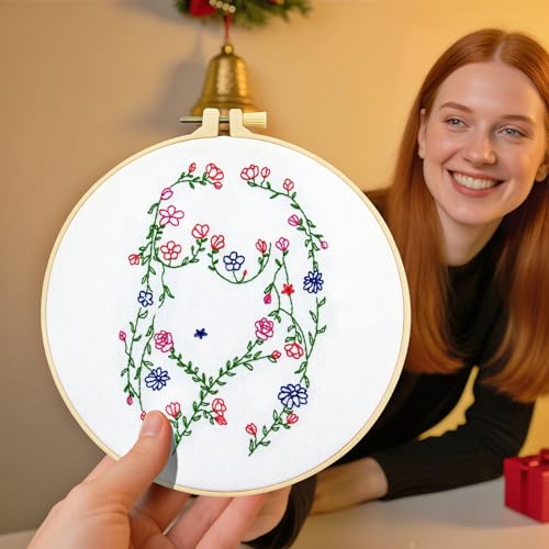 Woman Flowers Embroidery Kits for Beginners Adults, Floral Hand Embroidery Starters Kits, Stamped Cross Stitch Kits DIY Needlepoint Kits for Beginners Adult, Embroidery Hoop, Thread and Video Tutorial - color: H2082