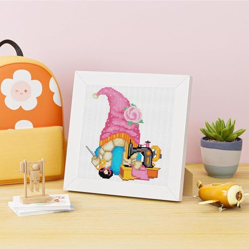 VIGEGU Gnome Stamped Cross Stitch Kits for Adult Beginner with Wooden Frame - color: Gnome Sewing Machine