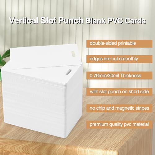 100 Pack Premium Blank PVC Cards with Slot Punch on Short Side - Vertical Slot Punch Blank ID Cards- CAETOUNG CR80 30 Mil Graphic Quality White Plastic Cards for Photo ID Badge Printers - color: 100pack