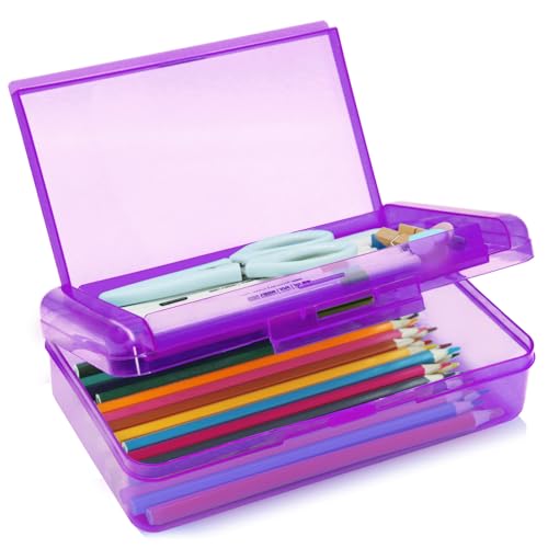 Double Layer Plastic Clear Hard Colored Pencil Box Case Pen Crayon Box - color: Purple