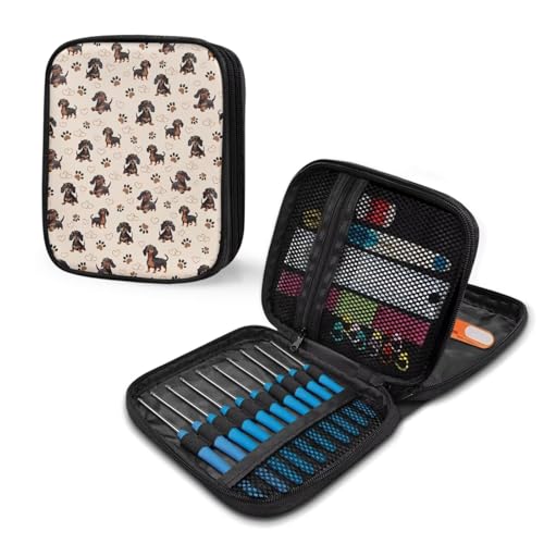 Kathyboom Dachshund Paw Print Crochet Hooks Case - Large Empty Zipper Bags - Portable Travel Storage Bag Organizer with Web Pocket and Crochet Holder Slots for Needles - color: Dachshund Paw Print