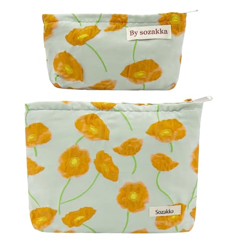 getgto 2 Pcs Makeup Bags, Large Cosmetic Bag Travel Toiletry Bag - color: Orange Flower