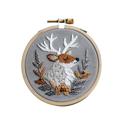 Christmas Embroidery Kit DIY Hand Embroidery Starter Cross Stitch Kits, Christmas Ornaments Embroidery with Stamped Pattern,Cotton,Threads,Needles,Instructions for Adults Beginners (Reindeer) - color: Reindeer
