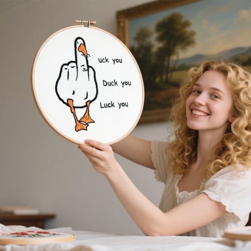 Middle Finger Duck Embroidery Kits for Beginners Adults, Funny Embroidery Starter Kits, Counted Cross Stitch Kits for Beginners DIY Craft Kits for Adult Women, Embroidery Hoop, Thread & Video Tutorial - color: H2041, size: 8Inch
