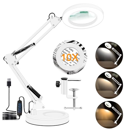 10X Magnifying Glass with Light and Stand, Magnifier with Light Hands Free, 3 Color Modes 10 Level Dimmable, Magnifying Real Glass LED Desk Lamp for Close Work, Repair, Reading, Craft, White