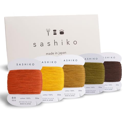 DARUMA Sashiko Thread 100% Cotton Card Type (32.8 yd) x 5 Colors with English Manual, Sewing & Embroidery Value Set with Gift Package(Thick, Kouyou) - color: Kouyou, size: Thick