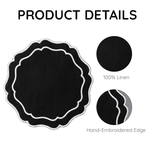 Linen Coasters for Drinks, Set of 6, 6 inch, Black - color: 1255 - Black, size: 6 inches