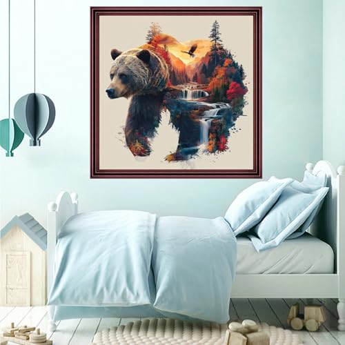 Funchey Counted Cross Stitch Kits for Adults Needlepoint Kits Unprinted Cross Stitching Embroidery Kit 11CT Cross Stitch Supplies-Abstract Forest Bear 18x18 inch - color: ArtsKits23