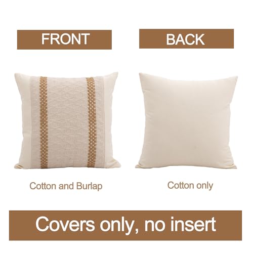 Throw Pillow Covers 16 x 16 Inch 1PC for Farmhouse Living Room, Cotton & Burlap Textured Striped Woven Boho Pillow Covers (Beige & Brown, Double Striped) - color: Double Striped, size: 16" x 16" (Pack of 1)