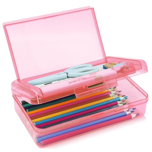 Double Layer Plastic Clear Hard Colored Pencil Box Case Pen Crayon Box - color: Pink