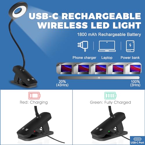 CUHIOY Rechargeable Clip on Reading Light for Bed Headboard, Black, 1 Pack - color: Black