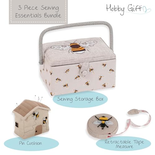 Hobby Gift Bee Sewing Gift Set with Fabric Sewing Box, Matching Pin Cushion and Tape Measure – Coordinated Sewing Accessories Bundle - color: Bee