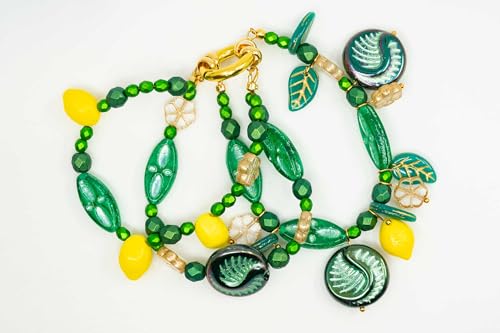 2.1oz (60g) of Focal Czech Glass Bead Mix with Lemon Shaped Beads, Seashel Beads and Leaf Beads, Emerald - color: Green Emerald Mix