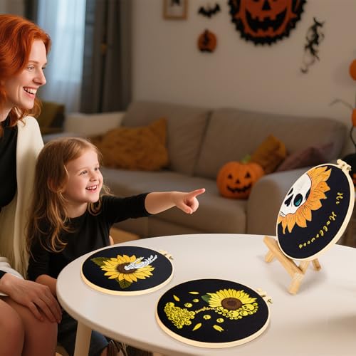 Halloween Gothic Embroidery Kits for Beginners Adults, Skull Hand Embroidery Needlepoint Kits, Sunflower Stamped Cross Stitch Kits for Beginners Adult, 3 Set Embroidery Hoops (Attached Video Tutorial) - color: Sunflower
