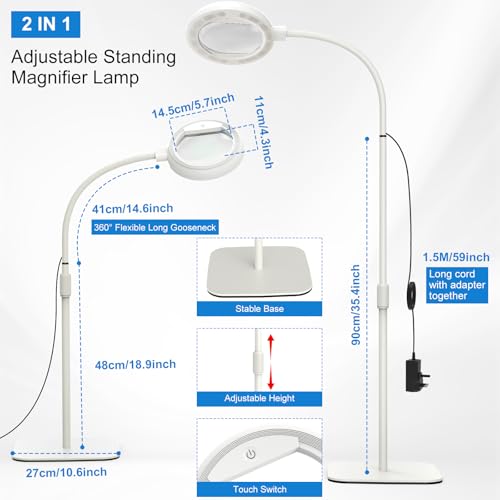 8X Large Floor Magnifying Glass with Light and Stand, 3 Color Modes