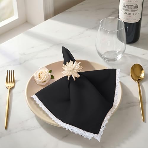 FINGERCRAFT Lace Cloth Napkins, Cotton Linen, 12 Pack, 20x20 Inch, Black - color: Black, size: 20" x 20" (Set of 12)