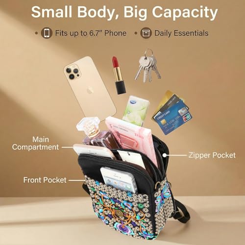 Embroidery Flowers Canvas Crossbody Bag, Women Messenger Bag, Cellphone Pouch Purse - color: Purple
