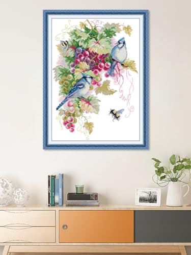 Aiorkeng Cross Stitch Kits Stamped Full Range of Embroidery Starter Kits for Adults Beginners DIY Needlepoint Kit 11CT 3 Strands -Printed kit Blue Jays and Grapes(Printed) 16.1×21.7 inches - color: Blue Jays and Grapes41×55cm