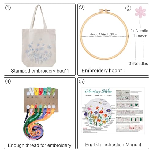 Louise Maelys Bee and Flowers Embroidery Kit for Beginners Canvas Tote Bag - color: daisy flower
