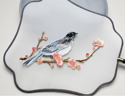 Iron/Sew on Applique Repair Patches, Blue Bird on Plum Branch Patch - color: Blue Bird on Plum Branch