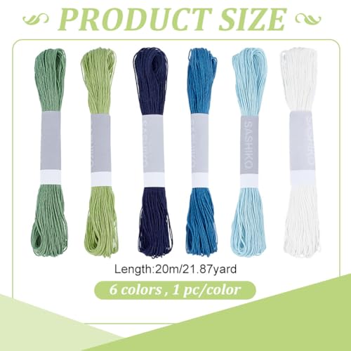 FREEBLOSS 6pcs Sashiko Thread 100% Cotton 6 * 20m(22yds) Japanese Embroidery Sashiko Threads 6-Strand Sewing Thread & Floss for Hand Sewing Embroidery Supplies, Total 120M/131yds - color: Teal