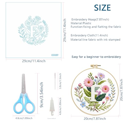 Zhenqing Letter F Embroidery Kit for Beginners, Pre-Printed 29x29cm Cotton Fabric with 20cm Hoop, Elegant Floral Monogram Design for Home Decor (C0089)