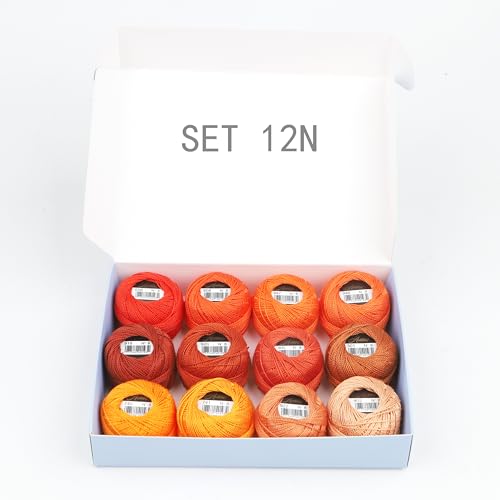 Size 8 Double Mercerized Egyptian Long Staple Cotton Pearl Thread 12 Gradient Colors per Box 5 Grams Ball Rainbow Color Embroidery Thread for Crochet Cross Stitch Hand Embroidery (12N) - color: 12N
