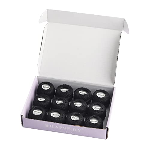 Rhapsody Pearl Cotton Thread Size 8 Crochet Thread Perle 12 Balls Set Hand Knitting, Embroidery, Sashiko, Cross-Stitch, Sewing, Needlepoint, DIY, Quilting (Black, Col. 45) - color: Black, Col. 45