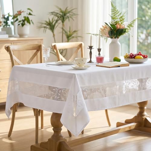 Polyester Fabric Tablecloth with Exquisite Embroidery Sheer Border-Waterproof/Wrinkle Resistant-for Dining,Indoor&Outdoor,Wedding,Holiday,White,White,Rectangle 60x102Inch - color: White, size: 102" x 60" (Rectangular)