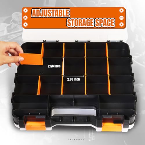 Jack Boss Tool Box with Transparent Lid, Double Side 34-Compartments Organizer Box with Removable Dividers for Hardware, Screws, Bolts, Nails, Beads, Jewelry and Fishing Accessories, Orange, 2 Pack - color: Orange, size: 2 PACK