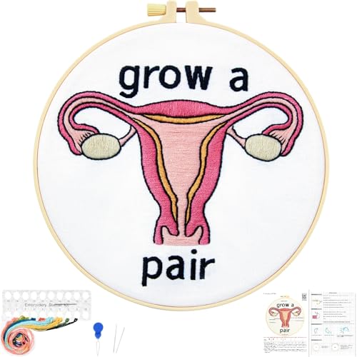 Hand Embroidery Kits for Beginners Adults, Grow a Pair Uterus Embroidery DIY Kit, Stamped Cross Stitch Kits for Beginners Adult Craft Kits for Women, Entire Set of Embroidery Supplies & Video Tutorial - color: H2072, size: 8Inch