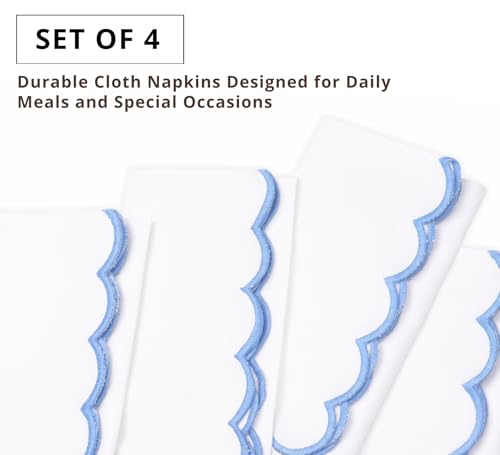 PurpleEssences Scalloped Cloth Napkins 18x18 in - White Edges Light Blue - color: White(edges- Light Blue)