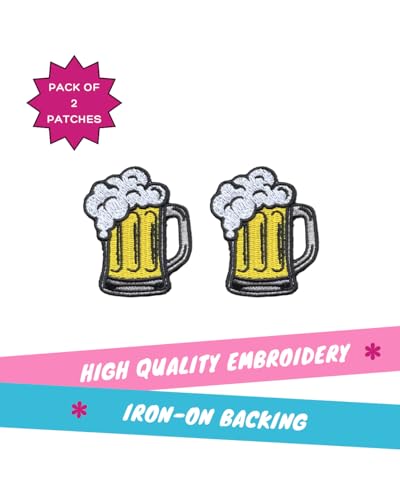 Beer Mug Patch, 2.25" x 1.75", Embroidered Iron-On for Hats, Bags, Jackets, 2-Pack - color: Beer Mug