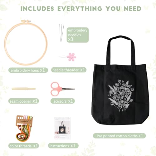 MAKHOT Canvas Tote Bag Embroidery Kit for Beginners,Cross Stitch Kits for Adults,Embroidery Bag Women(Black) - color: Black