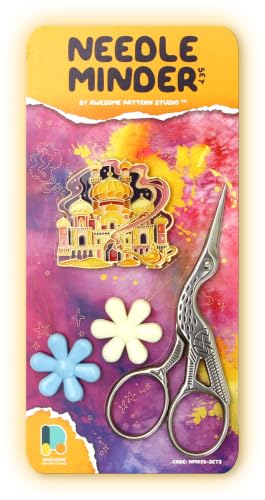 Awesome Pattern Studio Needle Minder Set - Magic Lamp Castle Magnetic Needle Minder + 2 Needle Threaders + Crane Scissors. Enamel Pin for Cross Stitch, Embroidery and Craft - size: Magic Lamp Castle SET #2