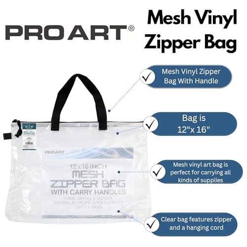 PRO ART Mesh & Vinyl Zipper Bag W/Handle 12x16 - size: 12-inch x 16-inch Mesh Bag with Zipper and Handle